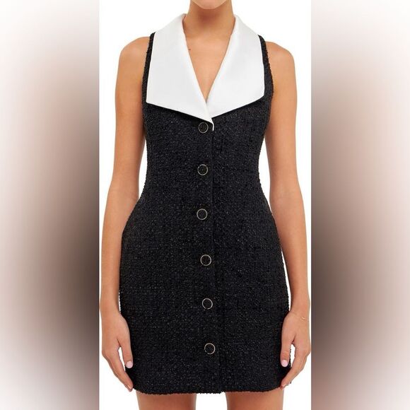 NWT Endless Rose Contrast Collar Tweed Mini Dress size xs women's with pockets! - Picture 1 of 15